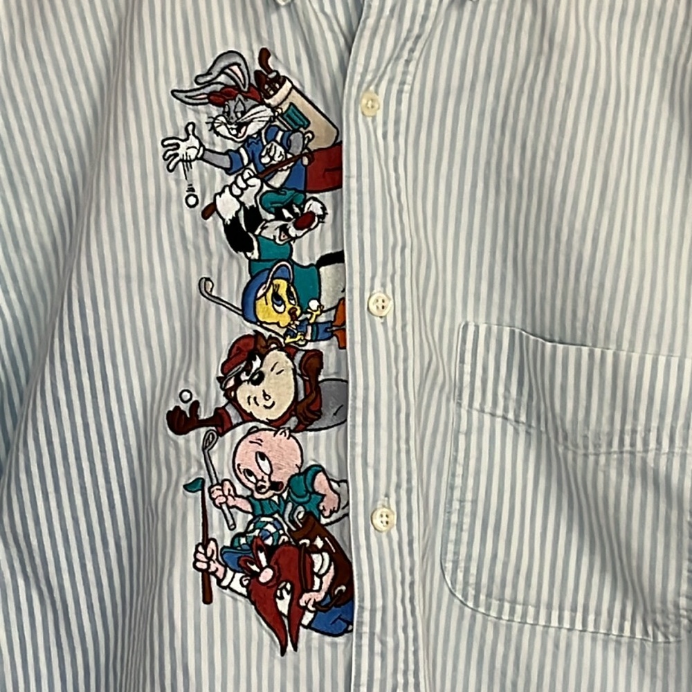 Retro Acme Clothing Looney Tunes Characters Golfing Button Down Blue/White Shirt